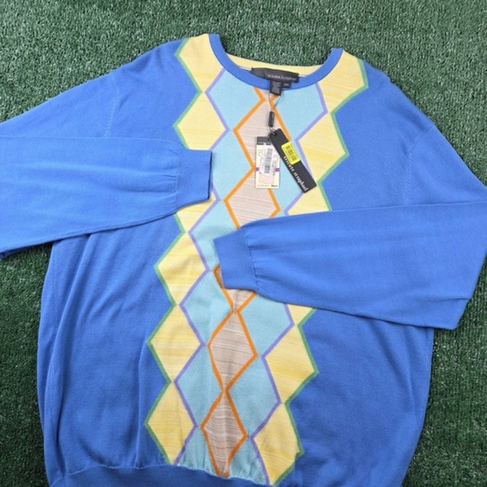 NWT Tricots St Raphael Mens XXL Blue Pima‎ Cotton Argyle Intarsia Crewneck